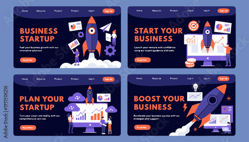 Creative landing page UI templates for financial tech and entrepreneurship featuring isometric rocket icons and workspace characters.eps
