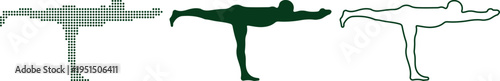 Woman in Warrior I Pose Yoga Position Dot Silhouette and Outline warrior three pose asana