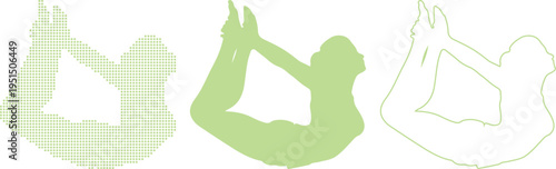 Woman Performing Yoga Bow Pose in Three Styles Dot Silhouette and Outline asana