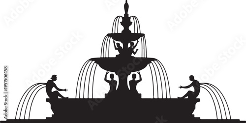 Black silhouette of a fountain with five human figures