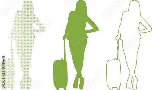Woman Suitcase Silhouette Set Dotted Solid Outline Green traveler travel