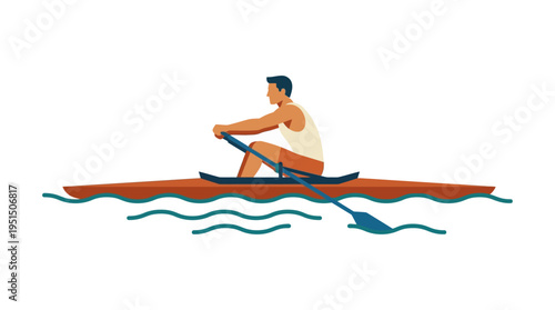 A man rowing a boat on calm water with a focused expression