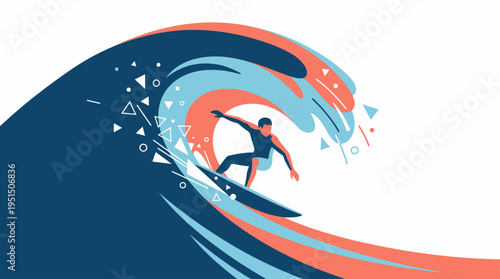 A surfer rides a vibrant wave with geometric shapes