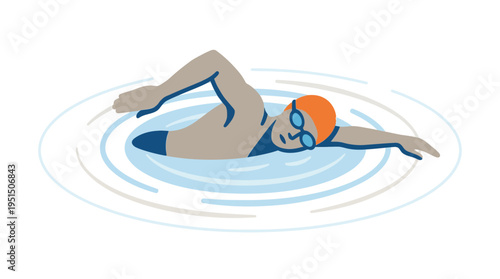 A woman wearing a swim cap and goggles swims in the water