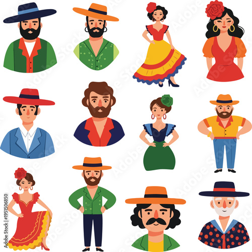 Spanish Culture Avatars Set for Feria de Abril Celebration, Traditional Andalusian People Characters in Flat Vector Style, Flamenco Dancers and Spanish Men in Traditional Costumes for April Festival a