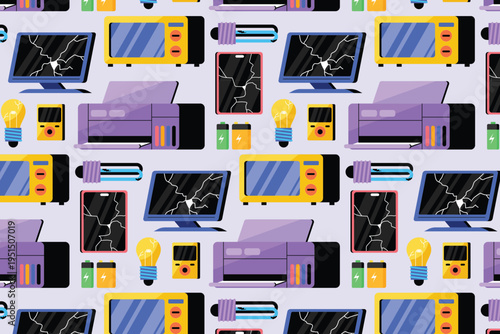 Seamless Pattern Of Broken Electronic Devices And Household Appliances Flat Illustration