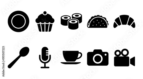 A collection of black icons representing various food items, beverages, and media tools on a clean white background, suitable for use in design, advertising, and educational materials.