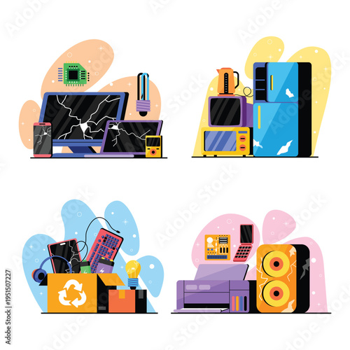 Four Panel Electronic Waste Recycling Scene Layout Flat Style