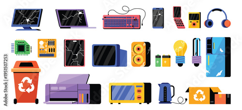Electronic Waste Elements and Recycling Set Collection Flat Style