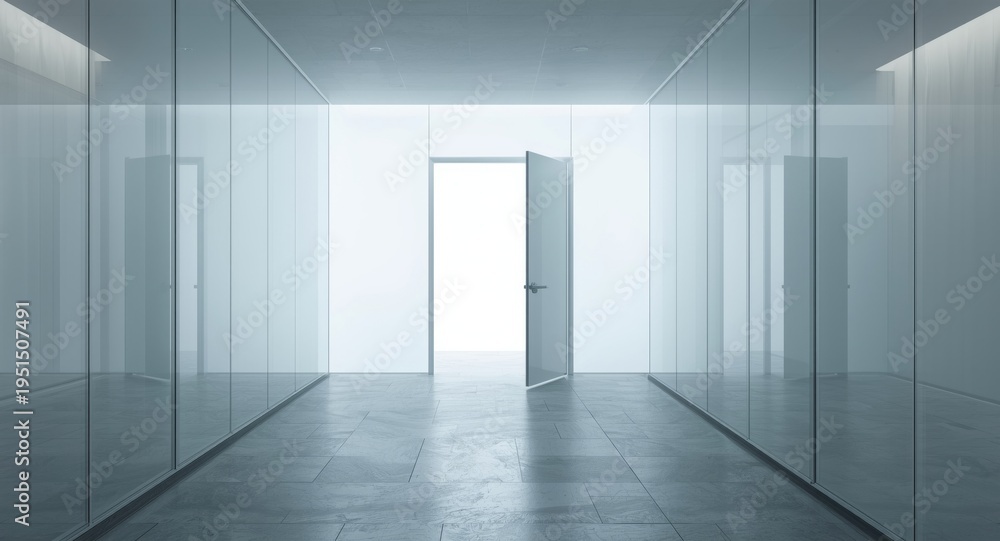 Fototapeta premium Sleek office corridor with white glass panels and door opening to vacant area