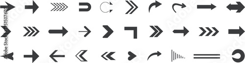 A minimalist vector illustration featuring a diverse collection of modern arrow icons and pointer symbols, ideal for web design, user interface navigation, and infographic elements
