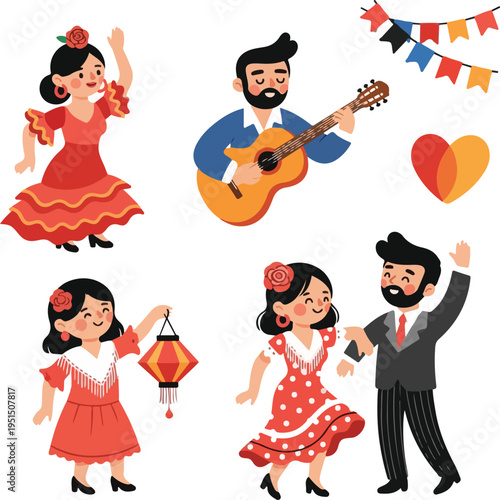 Spanish Seville April Fair Traditional Festival Illustration Set with Flamenco Dancers, Musicians, and Festive Ornaments for Feria de Abril Celebration