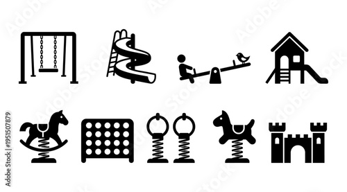 a collection of black and white icons depicting various playground equipment on a white background, suitable for use in design, education, or marketing materials