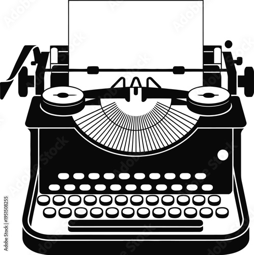 Vintage manual typewriter with blank paper sheet. writing communication antique tool icon