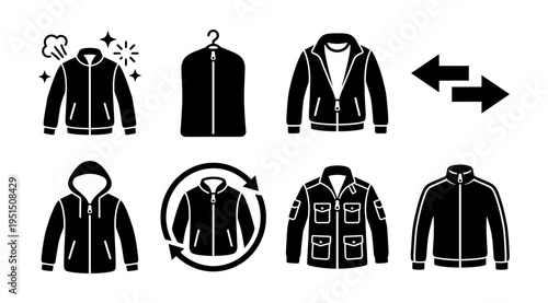 A set of black jacket illustrations in different styles, including hooded and zip-up designs, used for fashion or clothing concepts in marketing, advertising, or editorial content.