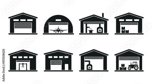 A collection of black and white icons featuring different types of garages and hangars with various vehicles and equipment inside, suitable for use in design and architecture projects.