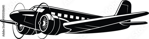 Classic twin engine propeller airplane isolated on transparent background black silhouette vector