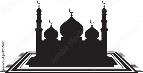 Black silhouette of a mosque with domes and minarets on a prayer mat