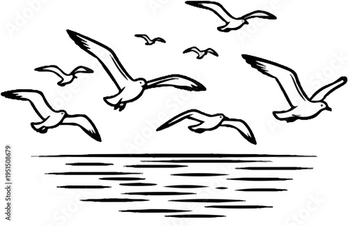 Flock of seagulls soaring above wavy water lines