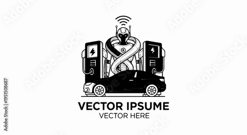 Futuristic robot overseeing electric car charging stations and a sleek car