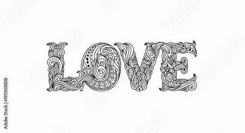 Ornate black and white lettering forms the word "Love" in a decorative style