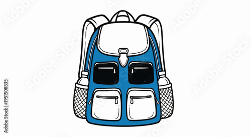 A blue cartoon backpack with multiple pockets and side mesh bottle holders