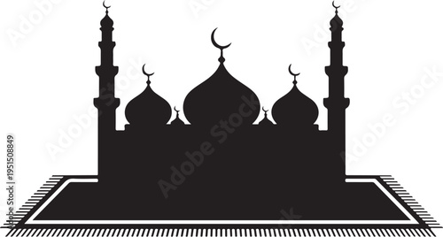 Black silhouette of a mosque with domes and minarets on a prayer mat