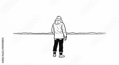 Person wearing warm clothes stands alone in a white, empty space