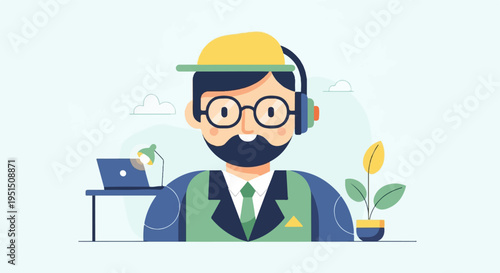 A cartoon man wearing headphones and glasses, working at a desk