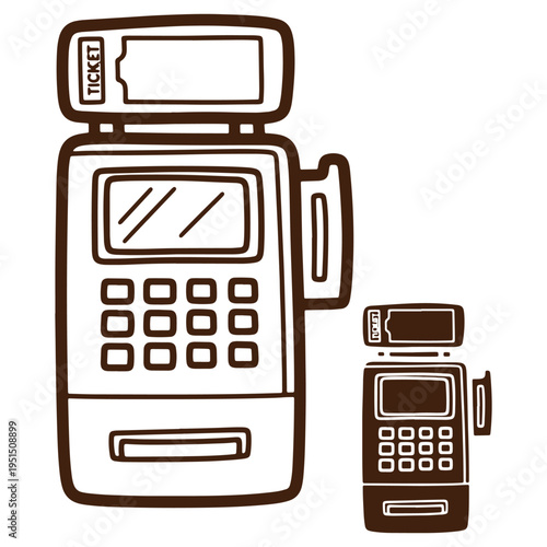 Illustrated cash register and handheld device icons for business transactions and payments