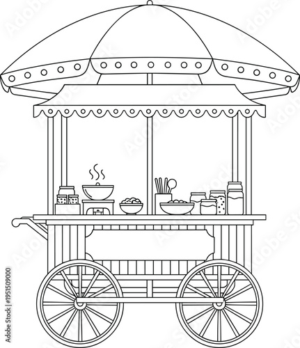 Detailed black and white illustration of traditional street food cart with umbrella canopy, decorative lights, steaming bowls, jars, utensils, and wheels for mobile vending culture.