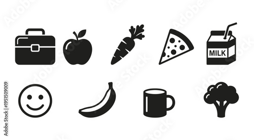 A set of black icons representing healthy food and lunch items, including a briefcase, apple, carrot, pizza, milk, banana, coffee mug, broccoli, and a smiley face, against a white background.