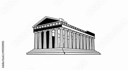 A black and white illustration of a classical Greek temple with many columns