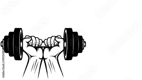 A black and white illustration of a pair of hands gripping a barbell weight