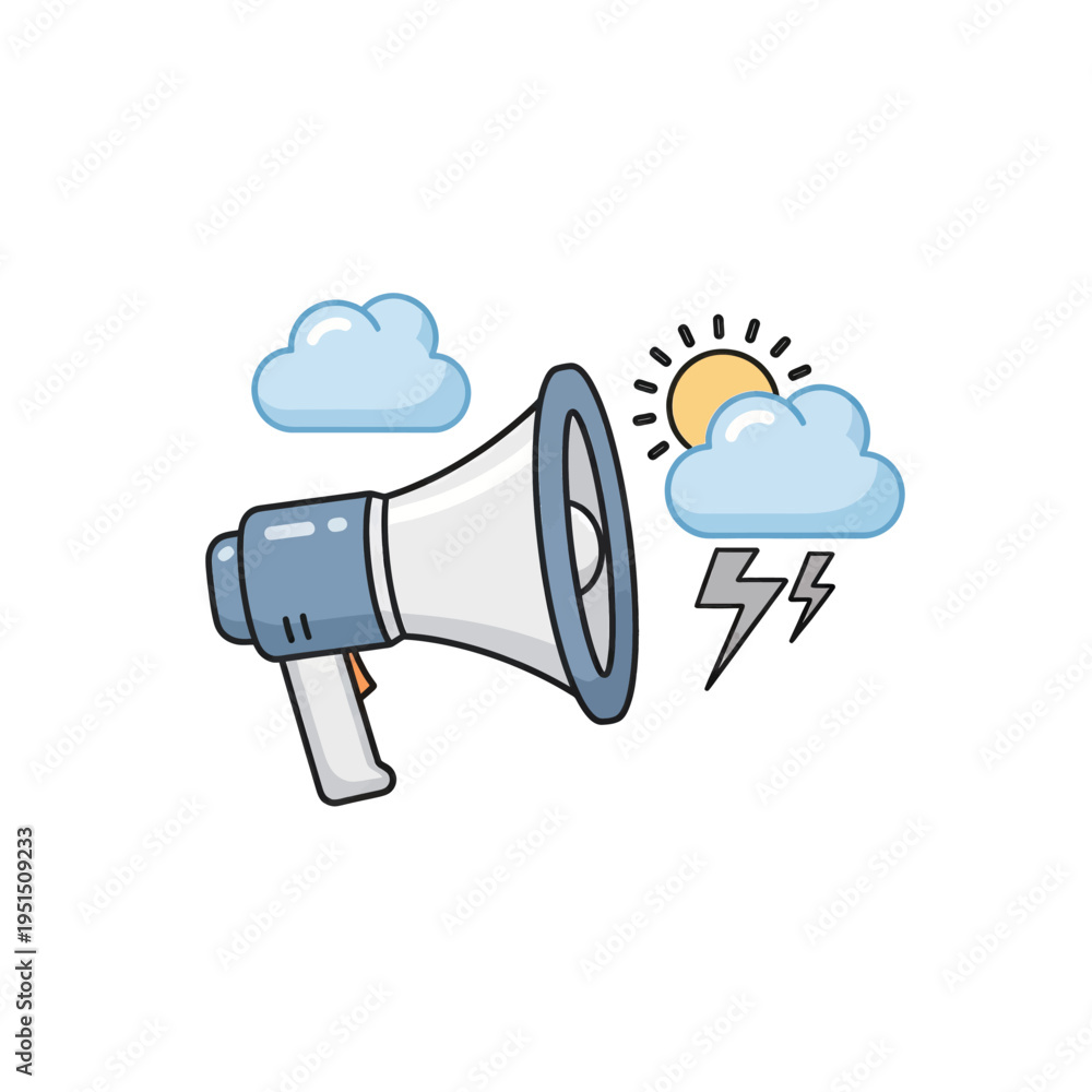 Naklejka premium Megaphone Announcement Icon with Cloud and Lightning Cartoon Illustration