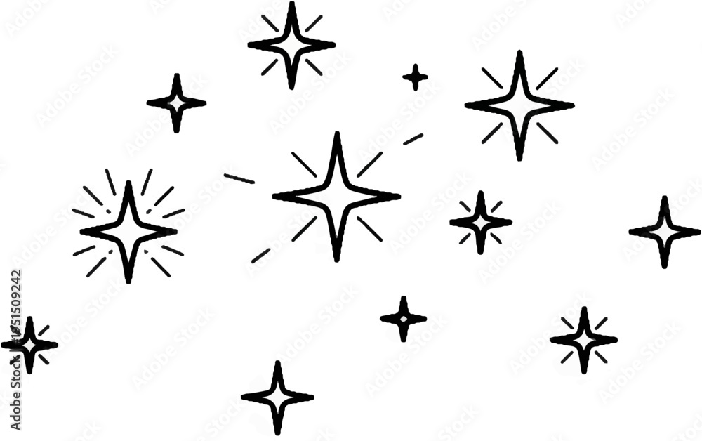 Fototapeta premium A collection of hand-drawn sparkling stars on a white background