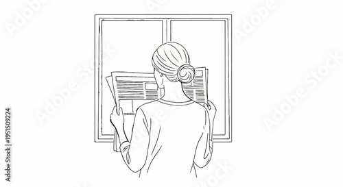 Woman with hair bun reading newspaper by window, line art