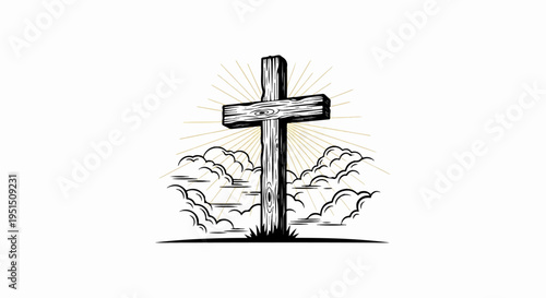 Wooden cross with sunburst and clouds