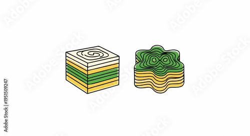 Two layered snacks, one cube, one flower shaped, with green and yellow