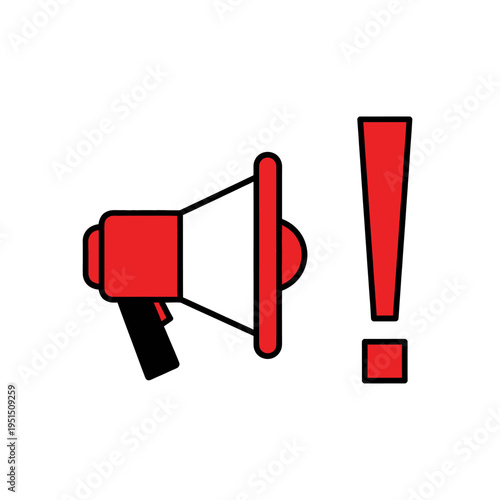 Red Megaphone and Exclamation Point Icon Illustration for Announcement Alert Warning Sign Graphic Design Vector Image Stock Photo