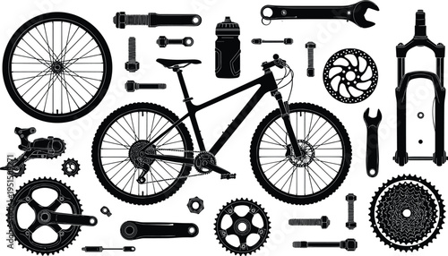Detailed illustration of modern bicycle with frame, wheels, crankset, chainrings, cassette, derailleur, suspension fork, bolts, nuts, water bottle, and essential maintenance tools.