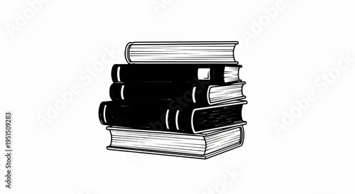 Stack of vintage hardcover books, some black, some white, on plain background