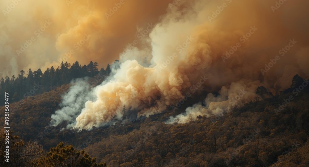 Fototapeta premium Smoke billowing from intense wildfire in dry forest area