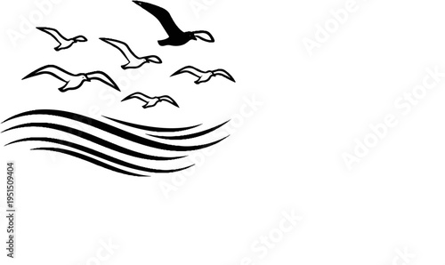 Stylized flock of birds in silhouette soaring over wavy lines