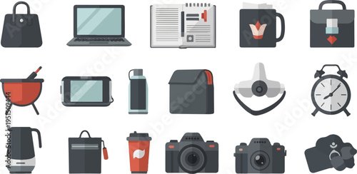 Assortment of everyday objects including electronics, bags, and accessories