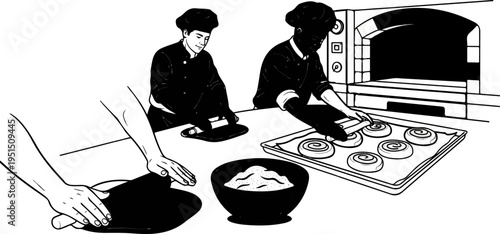 Bakers preparing dough and placing pastry in an oven