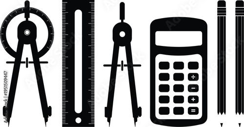 Essential school and drafting tool silhouettes including protractor, compass, ruler, calculator, and pencils for mathematics, geometry, engineering, architecture, and academic design projects