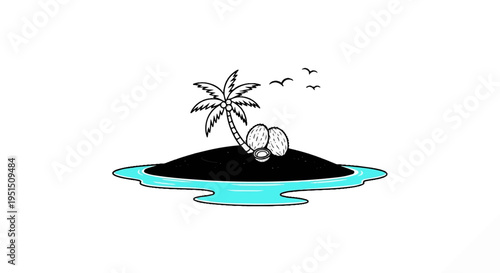 Tropical island with palm tree, coconuts, birds, and turquoise water