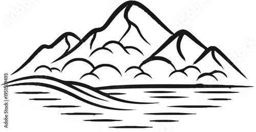 Stylized black ink mountains rise above a reflective body of water