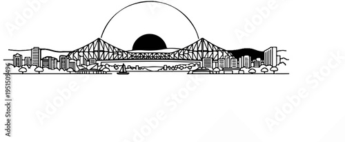 Stylized line drawing of a city skyline with a bridge and sunset